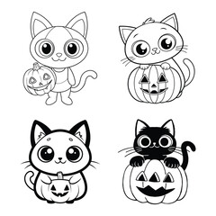 Four adorable black and white cartoon kittens with big eyes holding or sitting in carved halloween pumpkins ready for spooky season fun