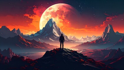 Silhouette Gazing at Enormous Moon Over Mountain Range.