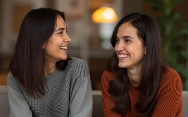 Two Women Engaged in Friendly Conversation in a Cozy Indoor Setting. High quality