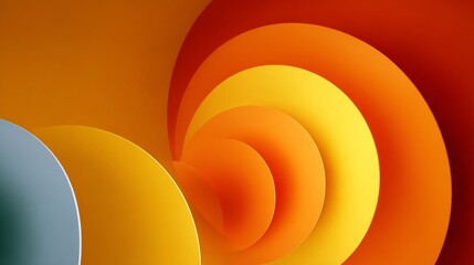 Series of orange circles are arranged in a spiral pattern. The circles are of varying sizes and are arranged in a way that creates a sense of movement and depth. Scene is energetic and dynamic