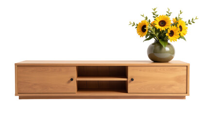 Modern wooden furniture with stylish design, featuring vase of vibrant sunflowers, adds warmth and charm to any living space