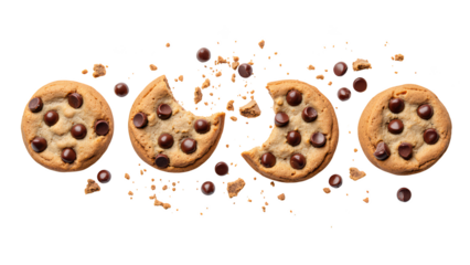 Delicious chocolate chip cookies arranged with crumbs and chocolate drops, showcasing delightful treat for dessert lovers