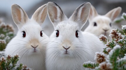 Three white rabbits are standing in a field of snow. They are looking at the camera with their eyes wide open