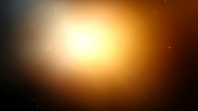 A bright, central light source radiates outwards, surrounded by orange and dark gradients with sparse stars