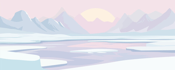 Melting glacier against a backdrop of beautiful mountains and sunset. Winter icy landscape with stunning mountains and nature. Stunning vector illustration of the Antarctic landscape.
