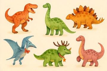 Obraz premium Watercolor illustration of six different dinosaurs including a T-Rex, Stegosaurus, and Triceratops.