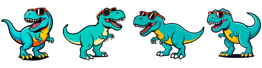Dinosaur Cartoon Vector Set – Adorable T-Rex Characters Wearing Sunglasses for Kids Clipart, Nursery Prints, and Educational Design