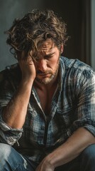 Obraz premium A young man wearing a casual shirt appears anxious and worn out, caressing his face with worry while sitting at home in natural light, worrying about headaches, burnout, or overanalyzing