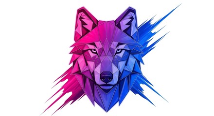 Geometric digital illustration of a wolf head in vivid pink and blue tones with sharp angular shapes, symbolizing strength, intelligence, and duality.