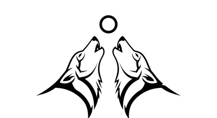 Minimalist black and white illustration of two symmetrical wolves howling at the moon, symbolizing unity, loyalty, and the wild spirit.