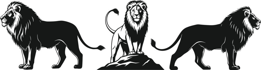 Black and white lion illustration, majestic lion standing on rock, powerful wildlife silhouette, vector art design, strength, courage, and royalty concept