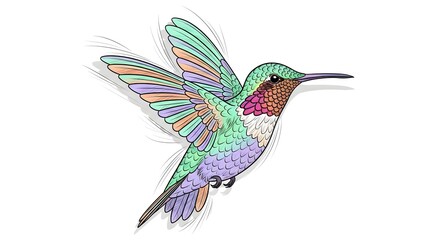 Delicate illustration of a colorful hummingbird in flight with pastel green, pink, and purple feathers, symbolizing joy, lightness, and freedom.