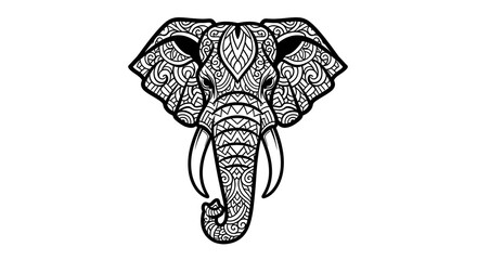 Detailed black and white mandala-style illustration of an elephant head with intricate geometric and ornamental patterns symbolizing wisdom and strength.