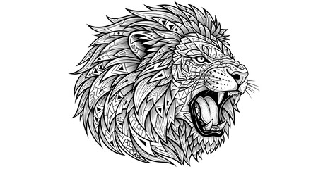 Detailed black and white illustration of a roaring lion with an ornate, patterned mane symbolizing strength, courage, and majesty.