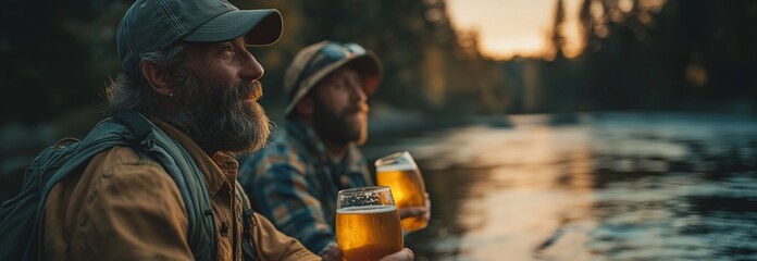 While fishing, two men are sipping beers.
