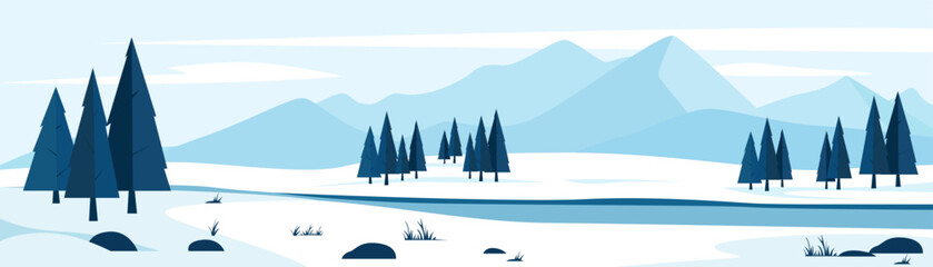 Winter nature landscape with beautiful mountains and forests in snowy weather. Winter landscape with a forest and river against a backdrop of mountains and snow. Vector illustration of winter nature.