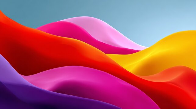 Colorful, abstract painting of a rainbow with a blue sky in the background. The painting is full of vibrant colors and has a dreamy, whimsical feel to it