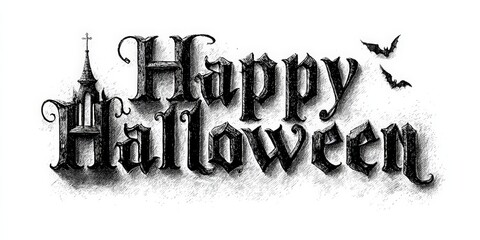 A stylized black and white illustration featuring the phrase Happy Halloween alongside a church silhouette and bats, perfect for Halloween-themed decorations, invitations