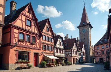Fototapeta premium Timber framed houses line a cobblestone square. A tall clock tower with red roof dominates the picturesque German old town cityscape. Sunny day, blue sky, clouds.