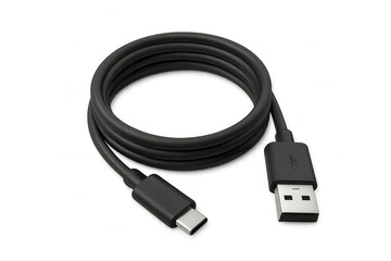 Black usb-c to usb-a cable for data transfer and charging coiled on transparent background