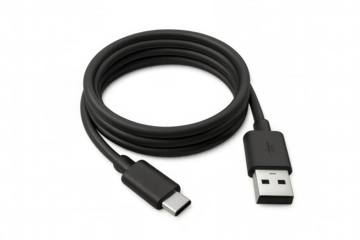 Black usb-c to usb-a cable for data transfer and charging coiled on transparent background