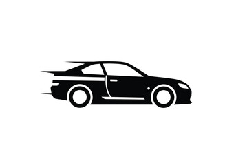 Naklejka premium A sleek, black sports car depicted in a minimalist side profile, conveying motion with stylized speed lines and a dynamic silhouette against a clean white background.