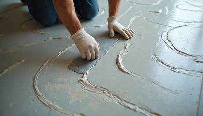 Worker applies tile adhesive using trowel tool on floor surface for renovation. Construction pro prepares for tiling installation, careful work in building interior.