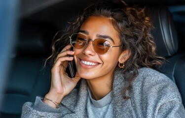 A young woman in casual clothing, calm and fashionable, is seated in a vehicle seat, smiling and using a smartphone.