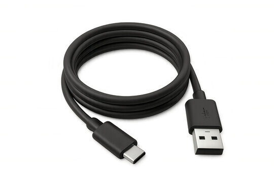 Black usb-c to usb-a cable for data transfer and charging coiled on transparent background