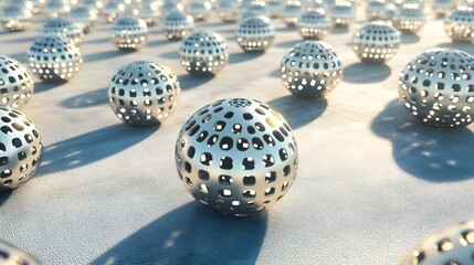Shiny metal spheres with geometric holes on surface in even rows, abstract art