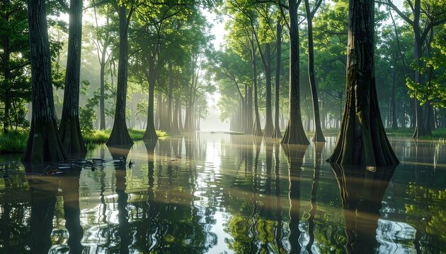 Misty swamp forest reflecting sunlight