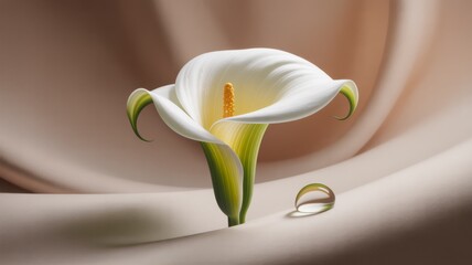 Photorealistic digital painting of a white calla lily flower with water droplets on soft fabric illustration