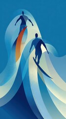 Abstract Surfing Silhouettes on Colorful Waves Graphic Design