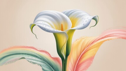 Ethereal digital painting of a single elegant white calla lily flower with pastel watercolor brushstrokes illustration