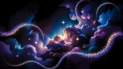 Vibrant abstract nebula cosmic swirls with luminous galactic clouds and starbursts illustration