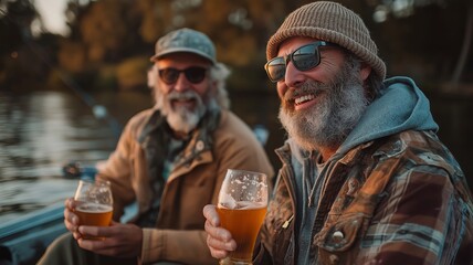 While fishing, two men are sipping beers.