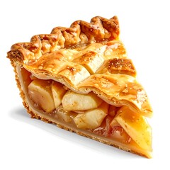 Slice of freshly baked apple pie on a white background