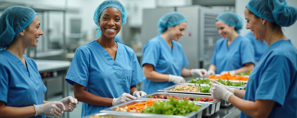 Hospital kitchen staff in blue uniform preparing healthy meals. Smiling workers serve balanced food in food trays. Team prepares fresh vegetable salads and dishes. Healthcare nutrition.