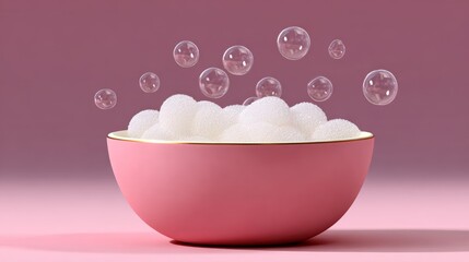 Pink bowl filled with white bubbles. The bubbles are floating in the air and the bowl is placed on a pink background. Concept of playfulness and lightheartedness