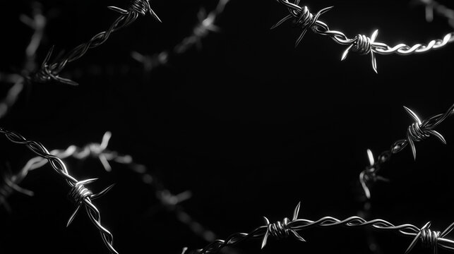 barbed wire on black background &mdash; dramatic minimal metal texture background symbolizing restriction, protection, or strength