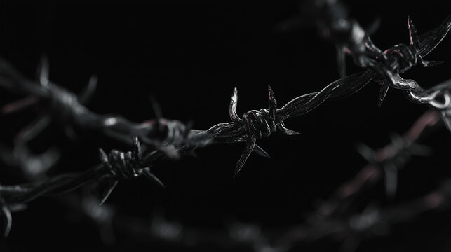 barbed wire on black background — dramatic minimal metal texture background symbolizing restriction, protection, or strength - Powered by Adobe
