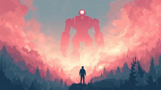 Video animationof a flat 2d illustration of massive AI giant robot looking down at human in vibrant dreamy atmosphere