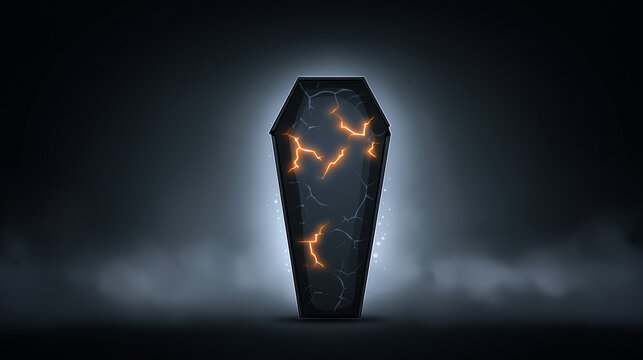 Floating Coffin Poster. Stylized cartoon coffin with glowing cracks over dark grey mist, Halloween, empty bottom space for text, eerie poster 