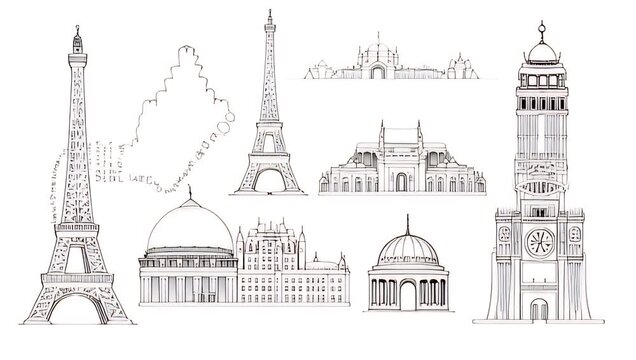 Architectural Landmarks Illustration: Paris, London, and more in detailed line art