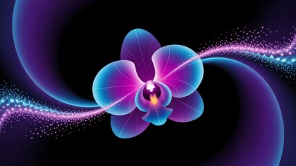 Vibrant neon orchid bloom digital art with swirling light trails abstract floral background illustration