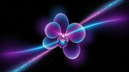 Abstract digital orchid illuminated by cosmic light beams in vibrant neon purple and blue hues illustration