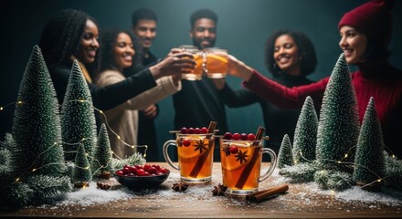 A group of diverse friends toasting with festive holiday drinks surrounded by miniature christmas trees and snow, creating a warm and celebratory atmosphere