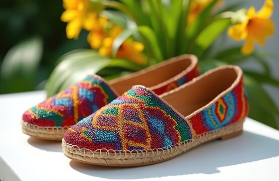 Pair of espadrilles decorated with beads laying near yellow daffodil flowers. Shoes feature vibrant colors, ethnic patterns. Summer fashion apparel with tribal design, handmade texture for beach