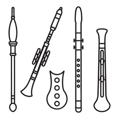 Collection of six different musical instruments including a flute clarinet and oboe presented as a vector design