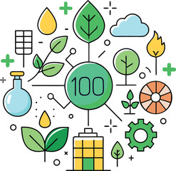 Circular diagram illustrating 100 percent renewable energy sources and sustainable practices for a greener future and environmental protection